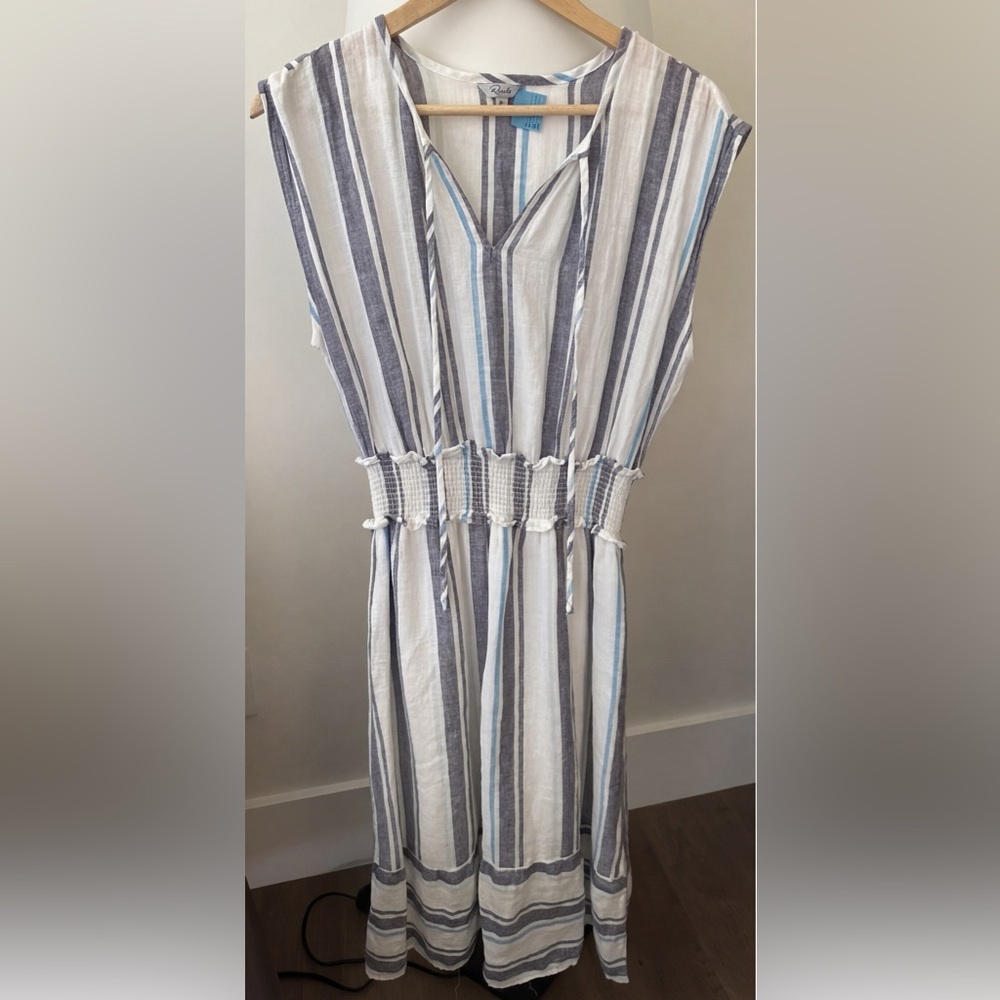 Rails Ashlyn Smocked Midi Dress Blue White Stripe Size Medium - Picture 2 of 5